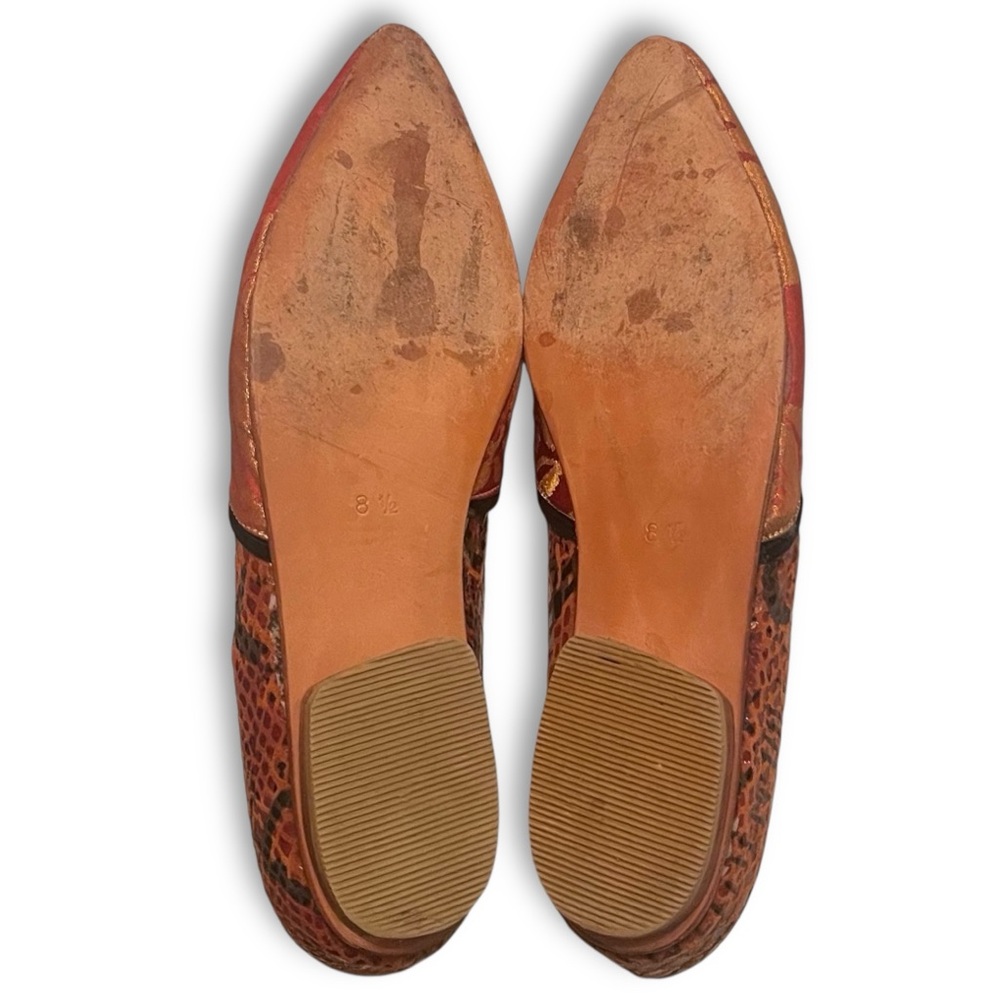 MERE Handcrafted Brocade Contrast Texture Snakeskin Pointed Toe Wood Heel Flats - Picture 14 of 16
